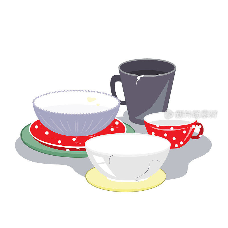 陶瓷盘子，杯子，和碗的不同形状和颜色的白色背景，矢量插图。不同的餐具