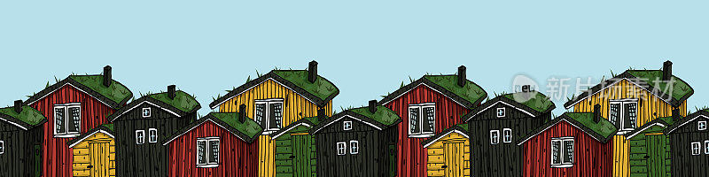 斯堪的纳维亚红、黄、黑、绿的房子，屋顶上有草，蓝色背景上有彩色边框