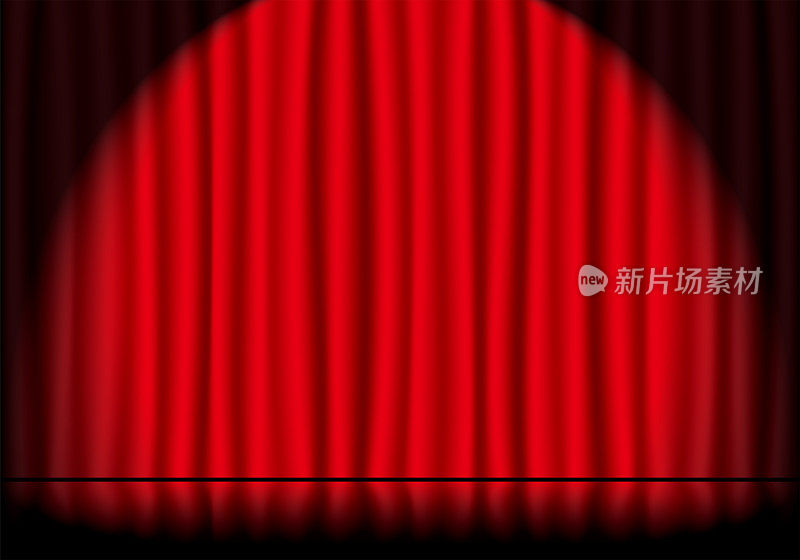 聚光灯下的红色舞台幕布和反射的舞台地板