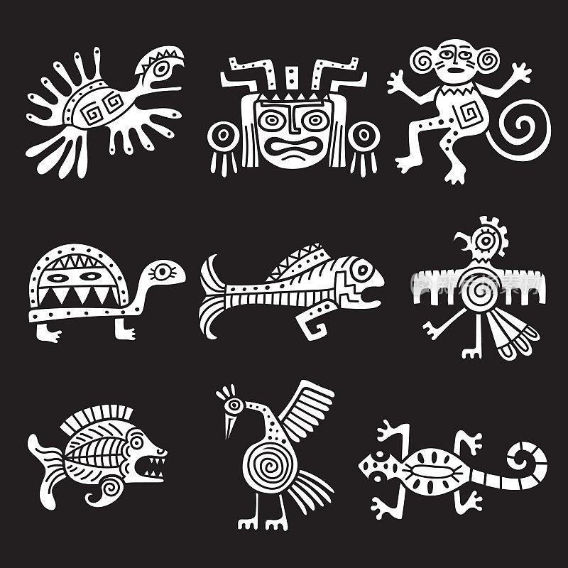 古代墨西哥的象征。阿兹特克部落传统符号，观赏动物，玛雅物体最近的载体插图