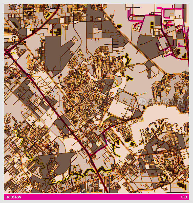 艺术插画风格地图，休斯顿市，美国
