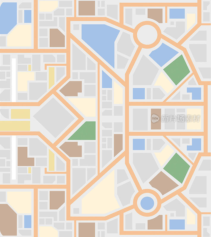 抽象的城市地图矢量插图。城镇道路和住宅区。平面风格详细的城市旅游矢量设计背景。鸟瞰图,制图。