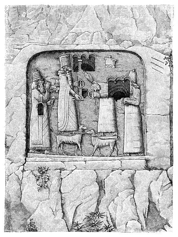 巴维安的大浅浮雕，来自莱亚德。浮雕显示了西拿基立(公元前704-681年)和亚述神阿舒尔和伊利尔