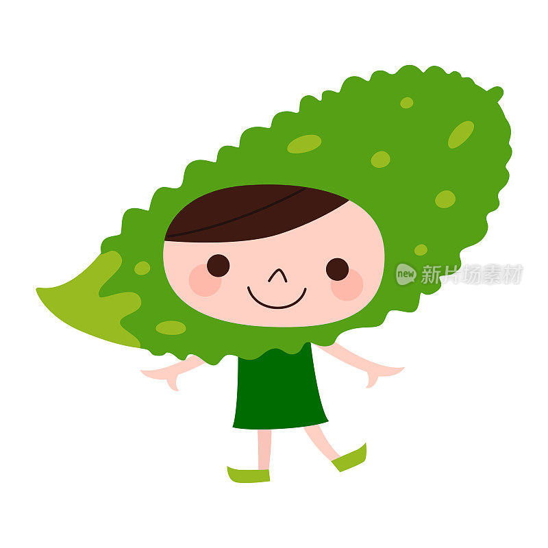 夏季蔬菜苦瓜性状。一个戴着苦瓜头跳舞的孩子的插图。
