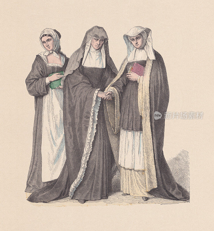 宗教习惯，本笃会姐妹，手工着色木刻，约1880年出版
