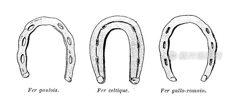 古董插图的马，骑士和骑兵:马蹄铁