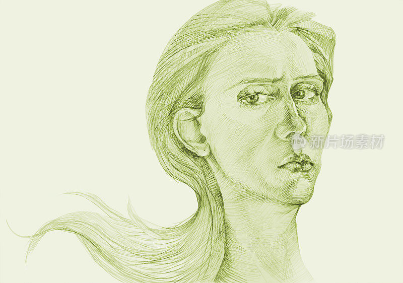 插图铅笔画肖像的女人与长头发和表达焦虑的看在一张白纸的背景