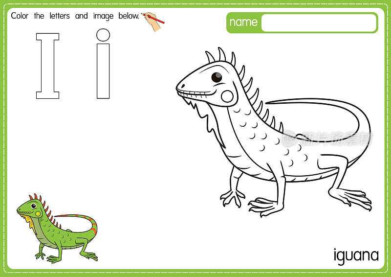 矢量插图的儿童字母着色书页与概述剪贴画，以颜色。字母I代表鬣蜥。