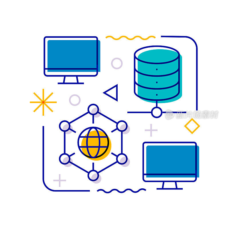 网络技术相关设计元素。带有轮廓图标的图案设计。色彩斑斓的矢量图