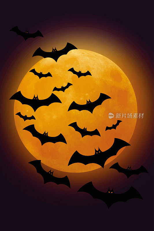 可怕的橙色发光月亮，一群蝙蝠在周围飞翔