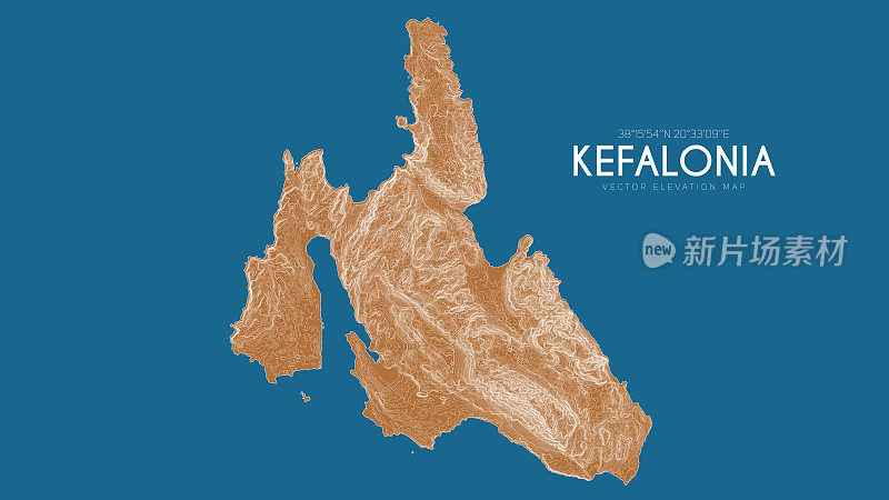 希腊凯法利尼亚地形图。矢量详细高程地图的岛屿。地理优美的景观轮廓海报。
