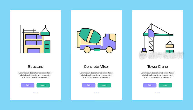 建筑行业概念入职移动应用程序页面屏幕与平面图标。UI设计模板矢量插图