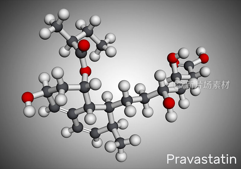 普伐他汀的分子。他汀类抗胆固醇药物，用于降低血脂水平，降低心肌梗死，中风的风险。分子模型。三维渲染