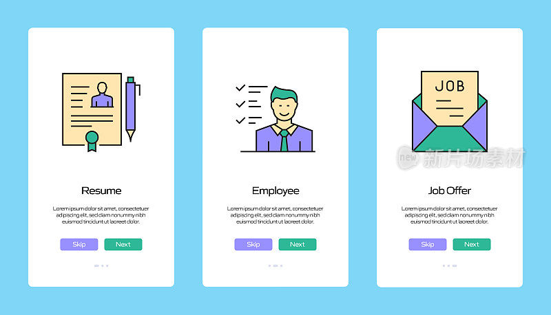 工作和简历概念入职手机应用程序页面屏幕与平面图标。UI设计模板矢量插图
