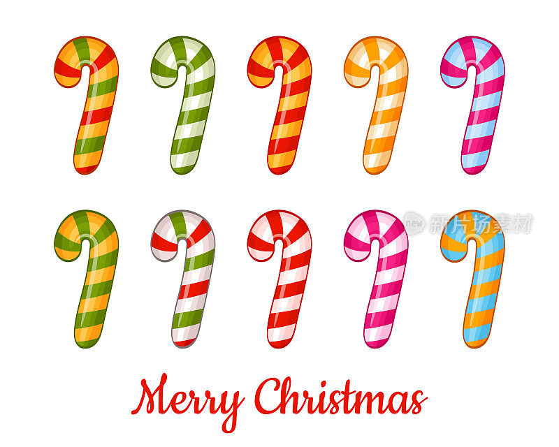 圣诞条纹糖甘蔗焦糖棒与薄荷图标设置。新年甜甜的棒棒糖。传统的圣诞节日甜点。儿童请客或冬冷杉树装饰玩具。卡通向量