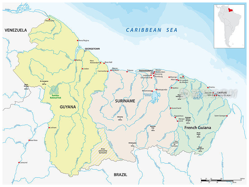 圭亚那、苏里南和法属圭亚那法属省的地图