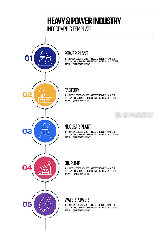 重型和电力工业概念矢量线信息图设计与图标。5选项或步骤的表示，横幅，工作流程布局，流程图等。