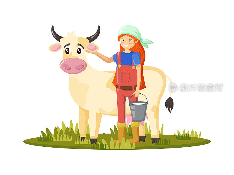 挤奶女工带着奶牛，收集牛奶。从事家务的农学家。