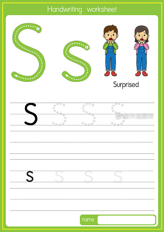 矢量插图，用字母S大写字母或大写字母为儿童学习练习ABC