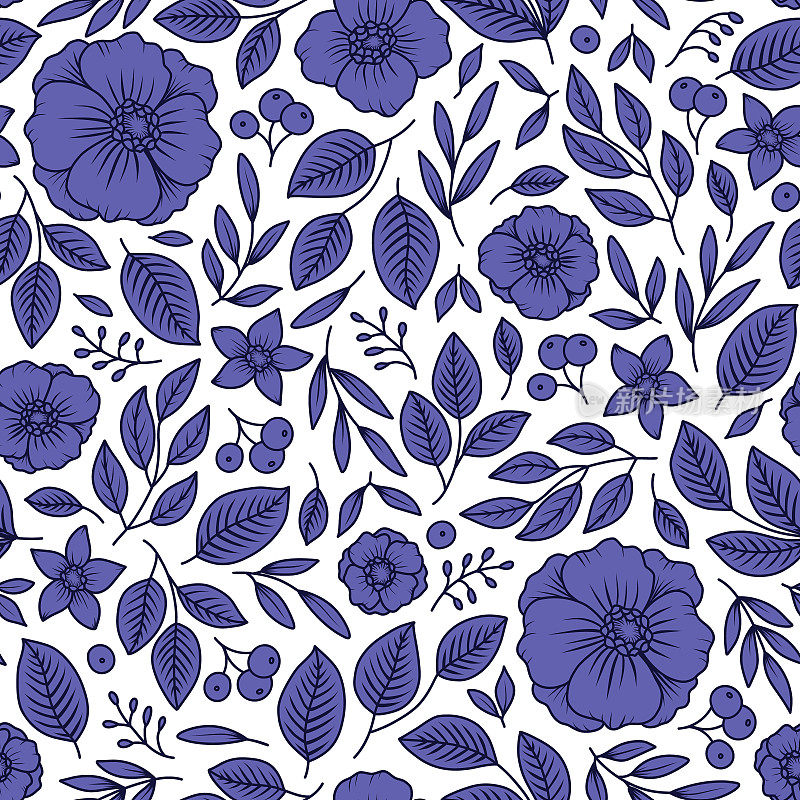 花向量无缝模式。手绘银莲花和叶子。非常佩里紫罗兰野花时尚背景，印花
