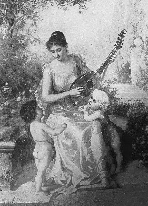 女人在弹奏曼陀林，两个孩子在唱歌