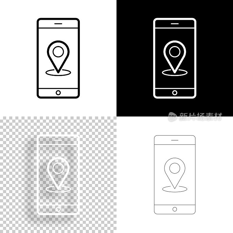 带有定位针的智能手机。图标设计。空白，白色和黑色背景-线图标