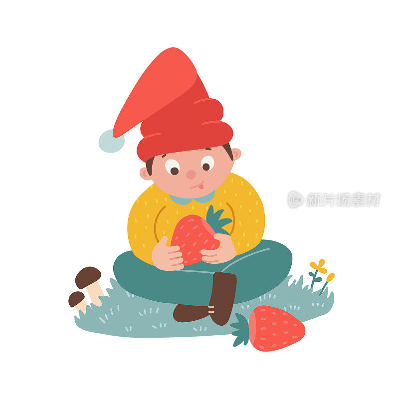 可爱的侏儒角色手里拿着草莓。幼稚的侏儒坐在夏天的浆果。平面手绘矢量插图。