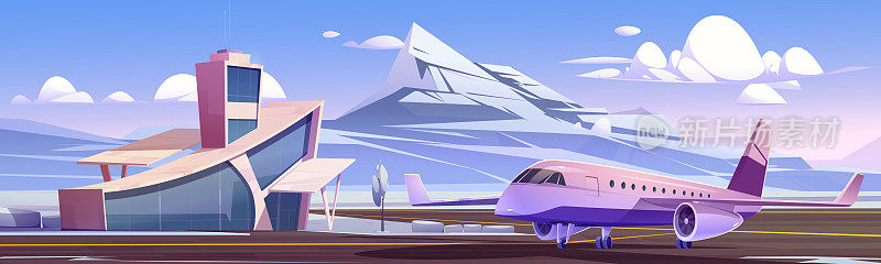 冬季机场候机楼和私人飞机