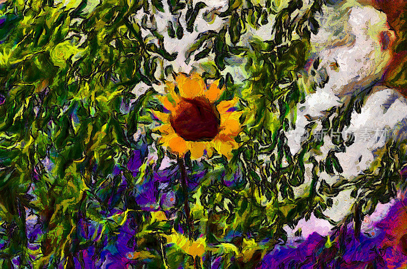 油画——盛开的向日葵。现代数字艺术，印象派手法。模仿文森特·梵高的风格