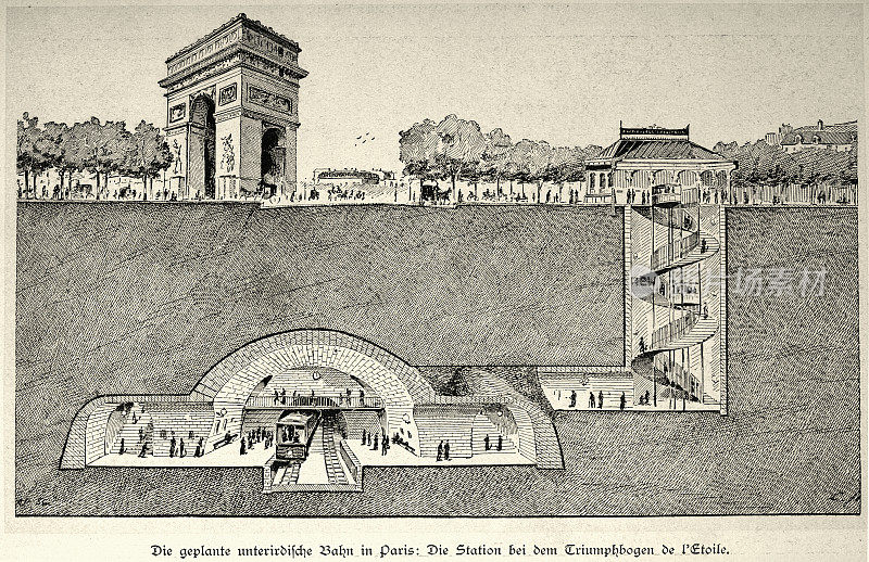 巴黎凯旋门地铁站横截面的复古插图