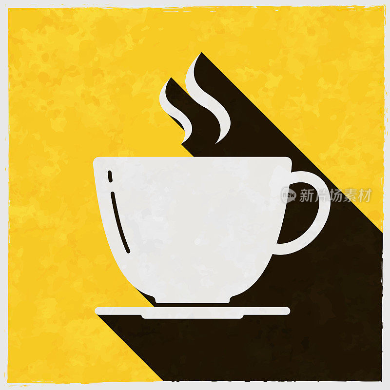 咖啡杯。图标与长阴影的纹理黄色背景