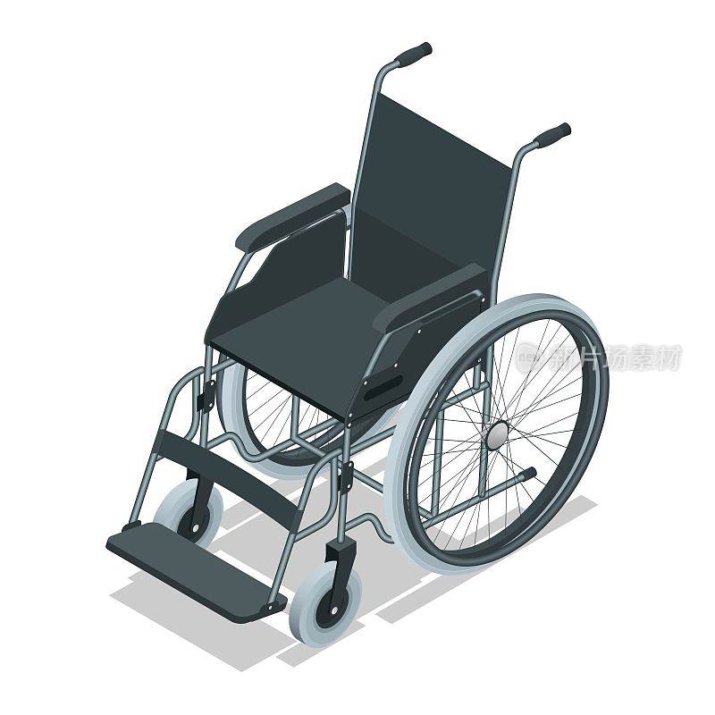 等距轮椅孤立。医疗设备的支持。卫生保健的概念。带轮子的椅子，当因疾病、受伤或残疾而行走困难或无法行走时使用。