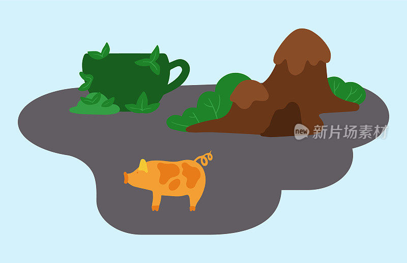 猪站在山附近的洞穴和大绿杯草矢量平面插图