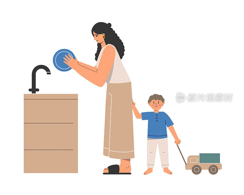 累了的妈妈洗碗，孩子想玩。