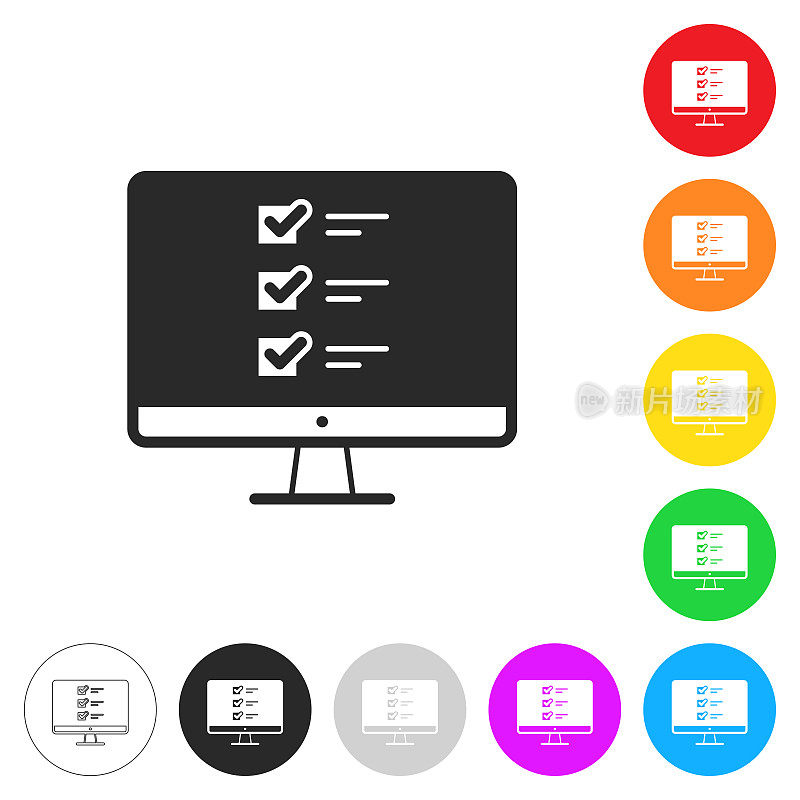 带清单的台式电脑。彩色按钮上的图标