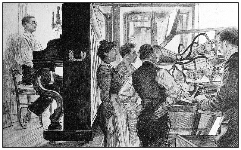 古董插图:录音音乐留声机工作室