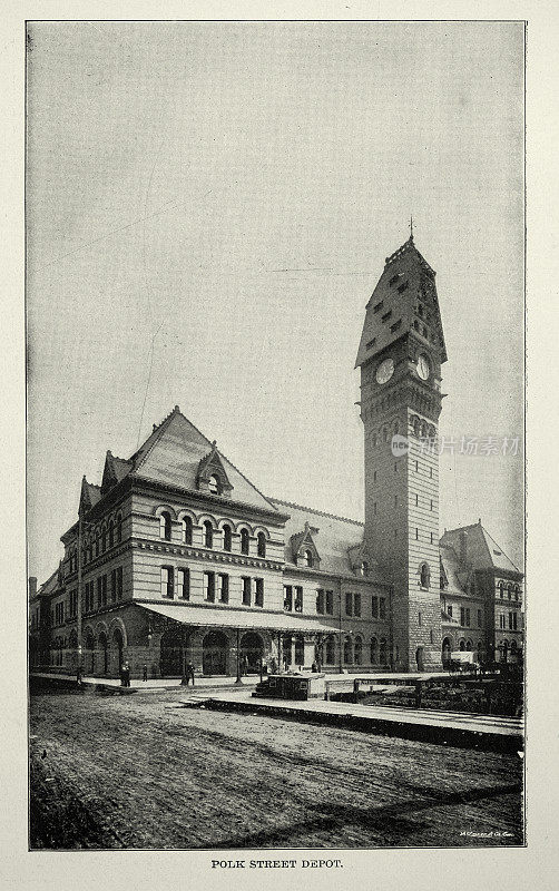 美国维多利亚式建筑，波尔克街车站或迪尔伯恩车站，芝加哥，19世纪