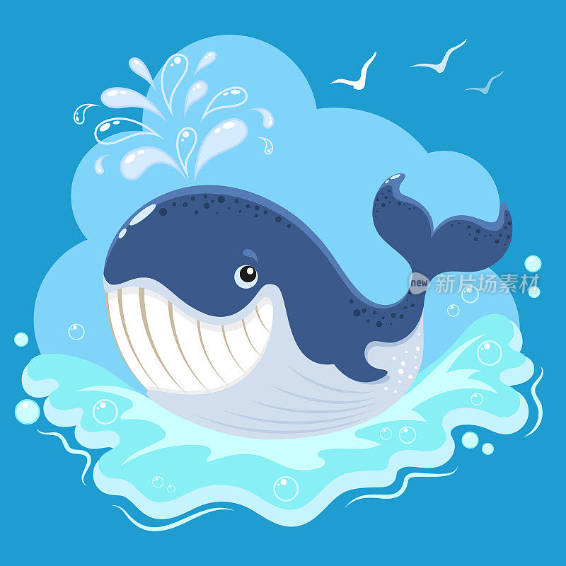 欢快的鲸鱼在海浪中溅起蓝色的浪花