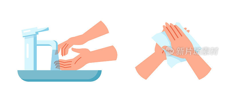 个人卫生，注意清洁，用清水洗手。用干净的一次性纸巾擦干手掌。平面形式的矢量