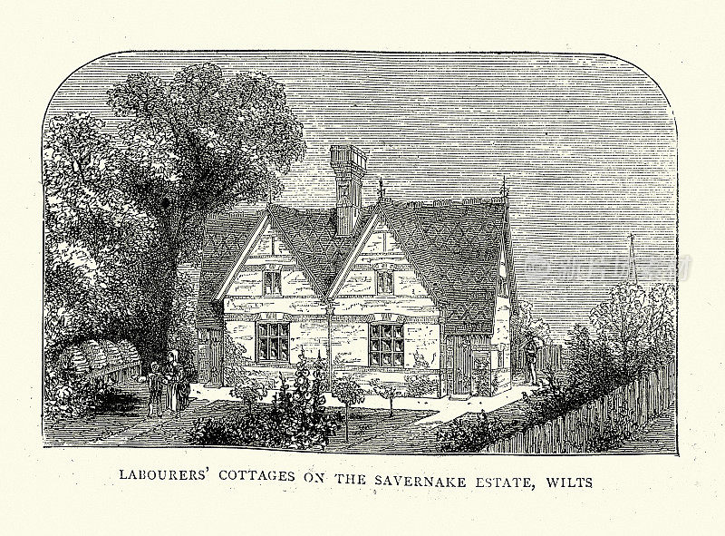 19世纪70年代，英格兰威尔特郡萨弗纳克庄园的维多利亚时代劳工小屋，英式建筑