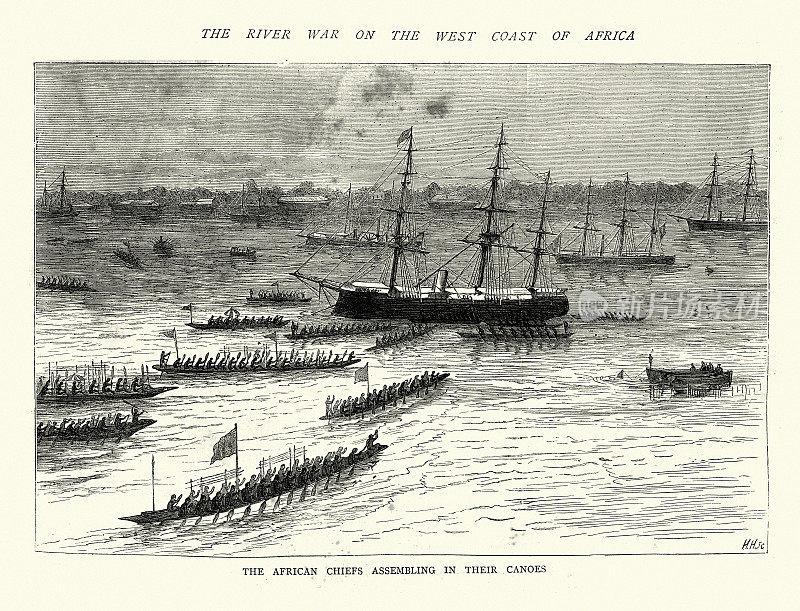 19世纪19世纪70年代维多利亚时代的邦尼河，西非酋长们乘坐独木舟抵达蒂多号，进行和平谈判