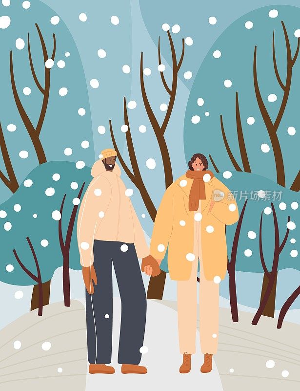 穿着冬装的男女在下雪的公园或森林里散步。城市居民在冬天散步。男女情侣手牵着手。冬天散步的情侣。平的季节性插图