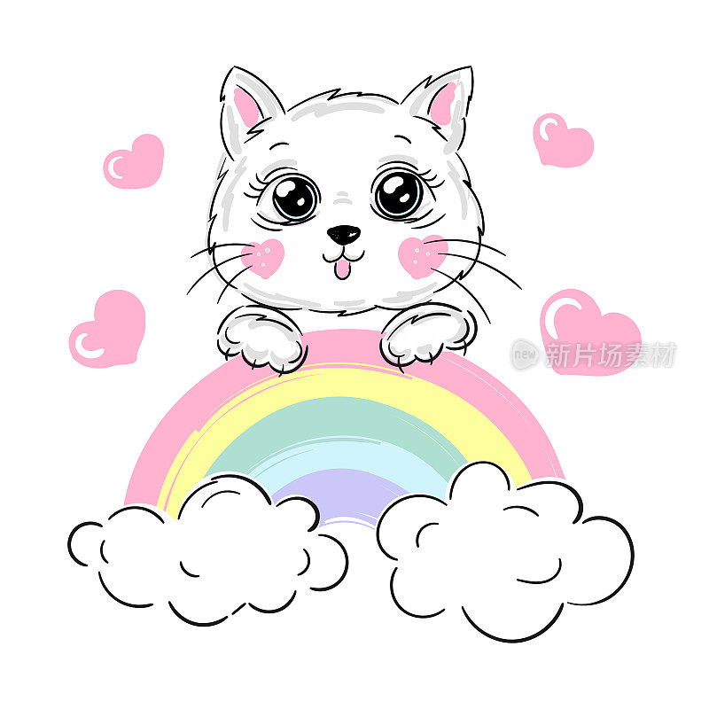 猫咪印花，快乐可爱的猫咪在云和彩虹之间的天空飞翔，卡通小猫矢量插画的孩子。t恤上的孩子气设计