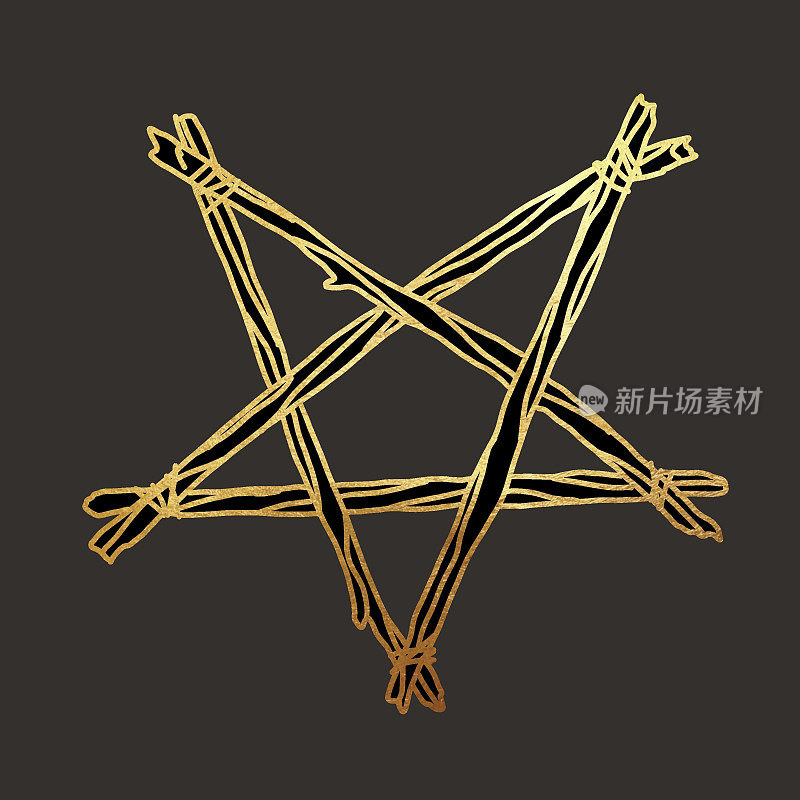 塔罗牌卡。女巫用细枝组成的五角星。在黑色背景上有金色线条的图形插图