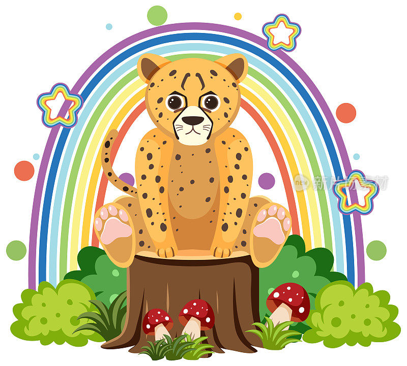 可爱的猎豹在树桩在平面卡通风格