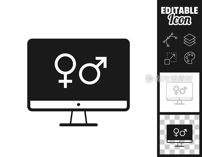 带有性别符号的台式电脑。图标设计。轻松地编辑