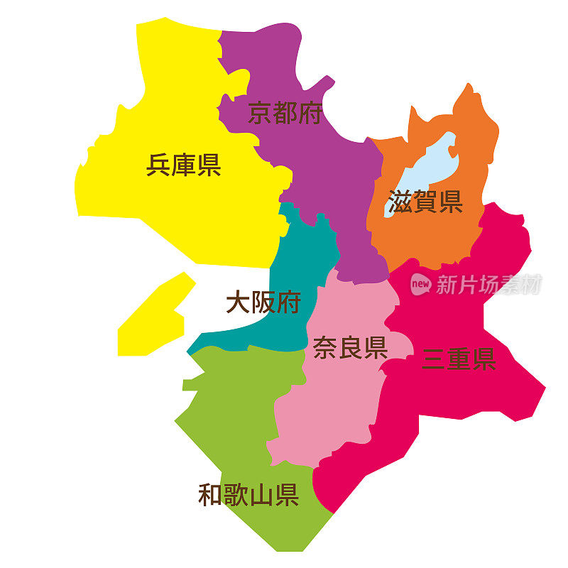 日本近畿地区的插图，按地区用颜色标注。