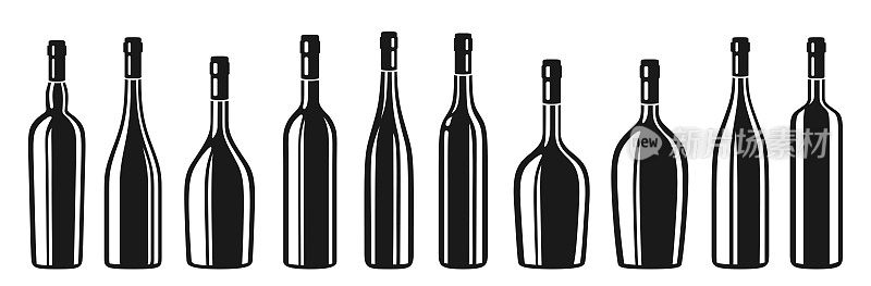 不同形状的酒瓶轮廓设置各种酒精饮料香槟雕刻设计