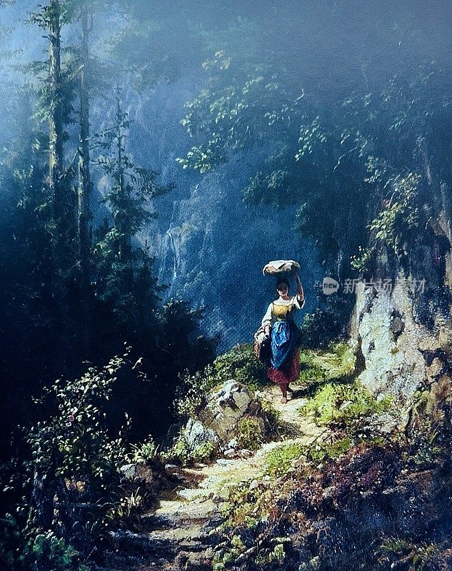 一个女人头上顶着担子，手里提着篮子走在山间的小路上