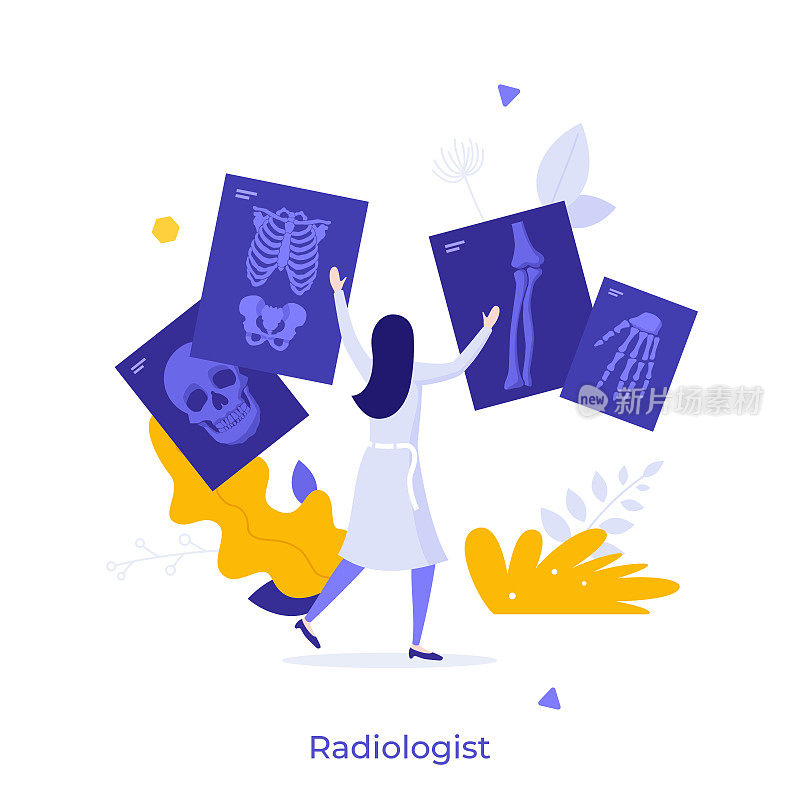 放射科医生，放射技师，内科医生都在看骨骼系统的x光片。放射学概念，x射线摄影，放射诊断学，医学影像。现代平面彩色矢量插图。